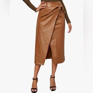 Midi PU Leather Wrap Skirt 
Size Medium 

Brown